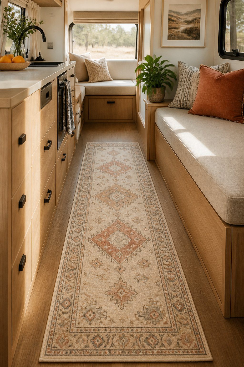 A washable patterned runner rug stretches through the center aisle of a bright, cozy RV interior.