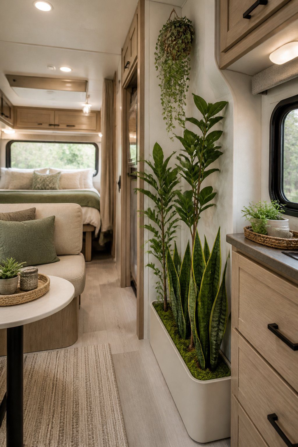 A bright RV interior decorated with tall, slender indoor plants beside light wood cabinetry.