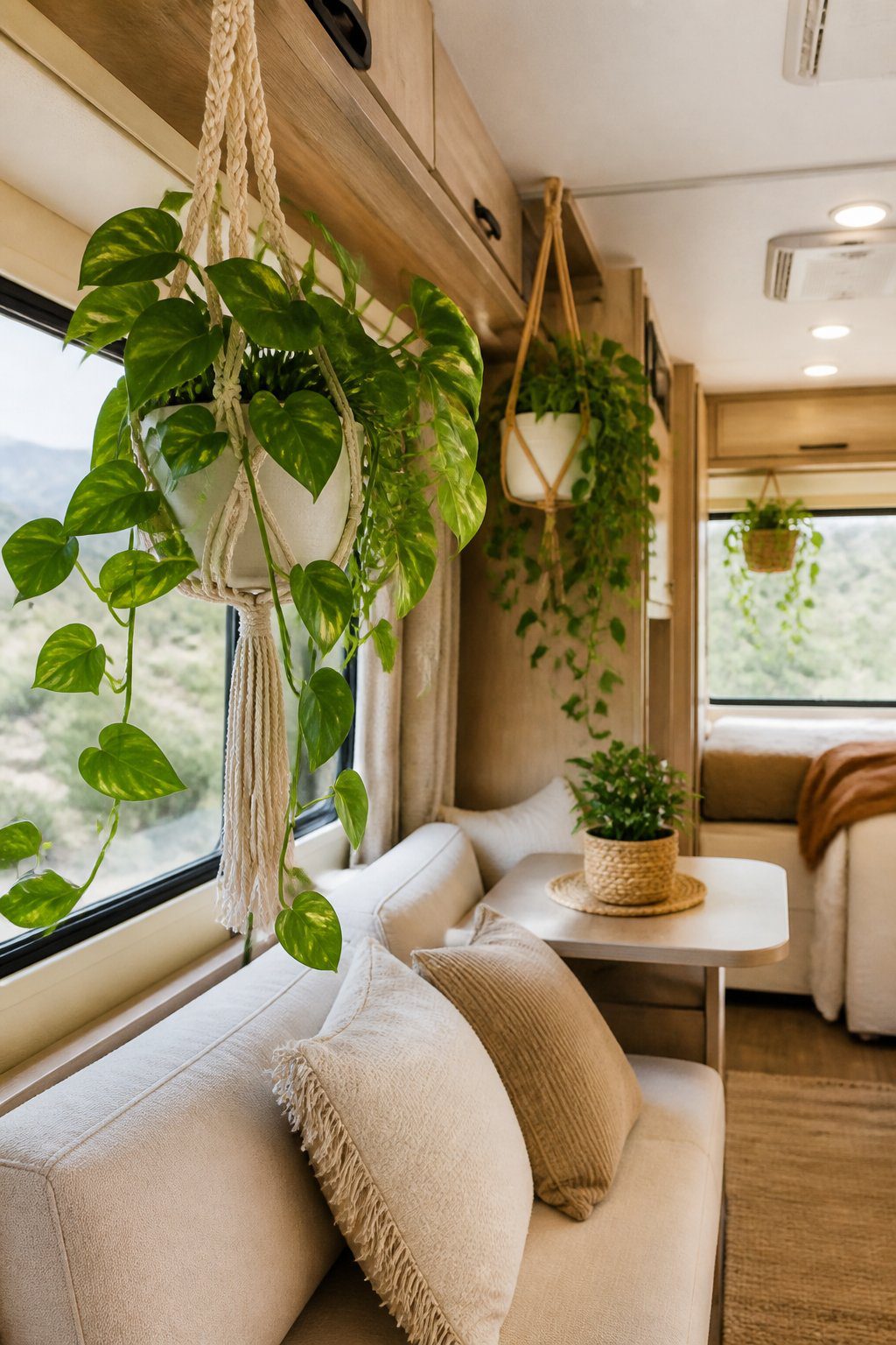 Hanging pothos plants decorate a bright, cozy RV living area.