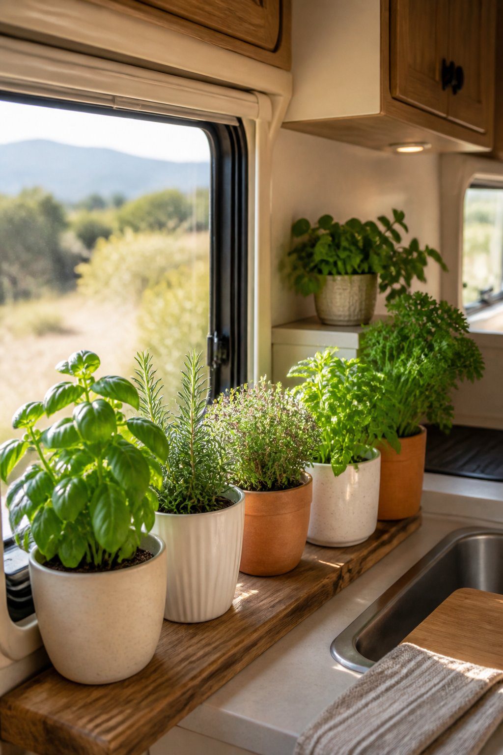 A small collection of potted herbs sits beside a bright kitchen window in an RV.