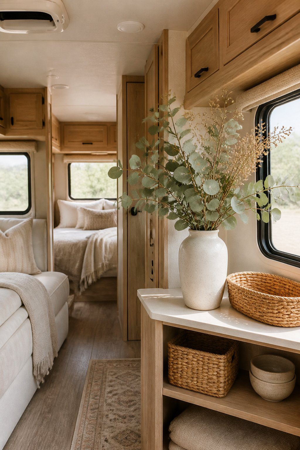 A cozy RV interior with dried eucalyptus stems in a vase on a small table.