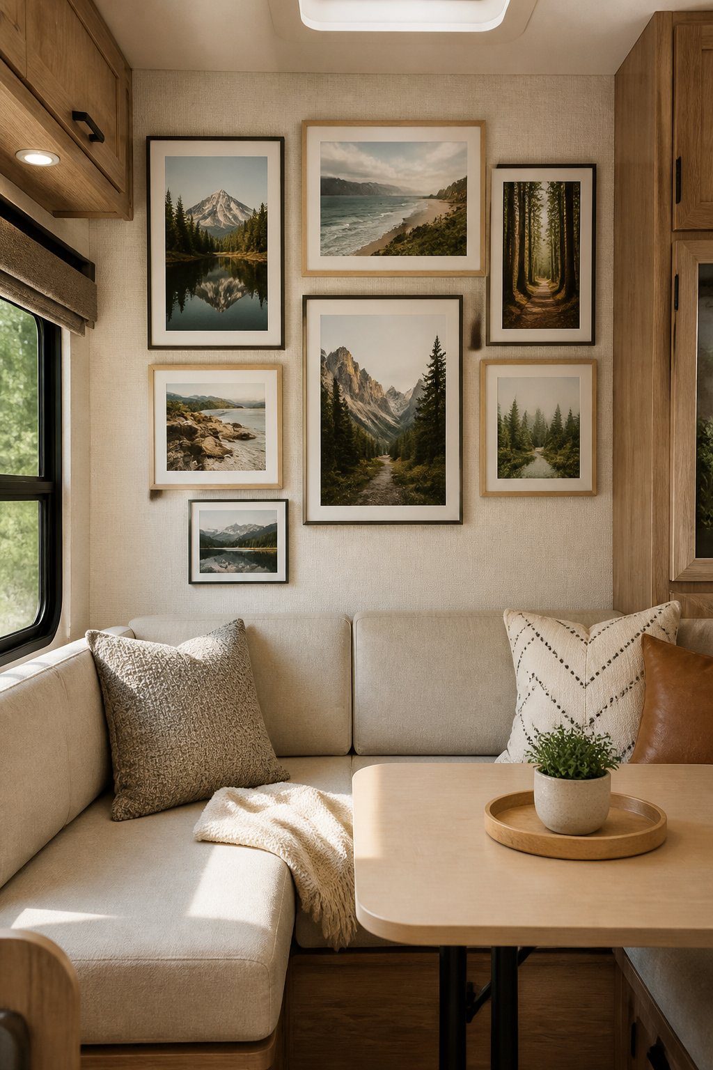 A cozy RV interior with a gallery wall of framed landscape artwork above a sofa.