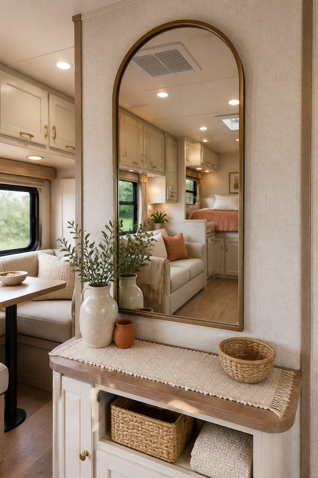 A large arched mirror decorates the wall of a cozy RV interior.