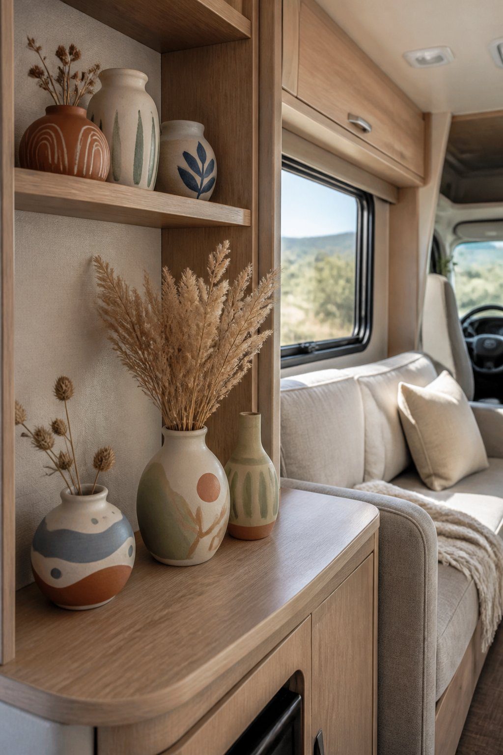 Hand-painted ceramic vases displayed on a shelf inside a cozy RV interior.