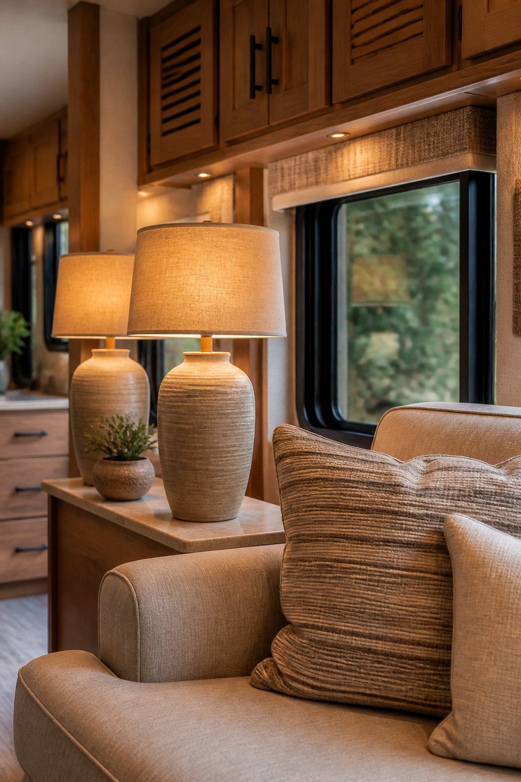 Two textured ceramic table lamps illuminate a cozy RV living area.