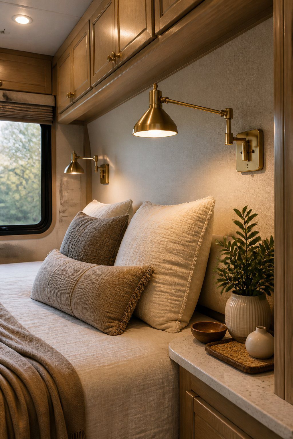 Cozy RV sleeping area with brass swing-arm reading lights beside a neatly decorated bed.
