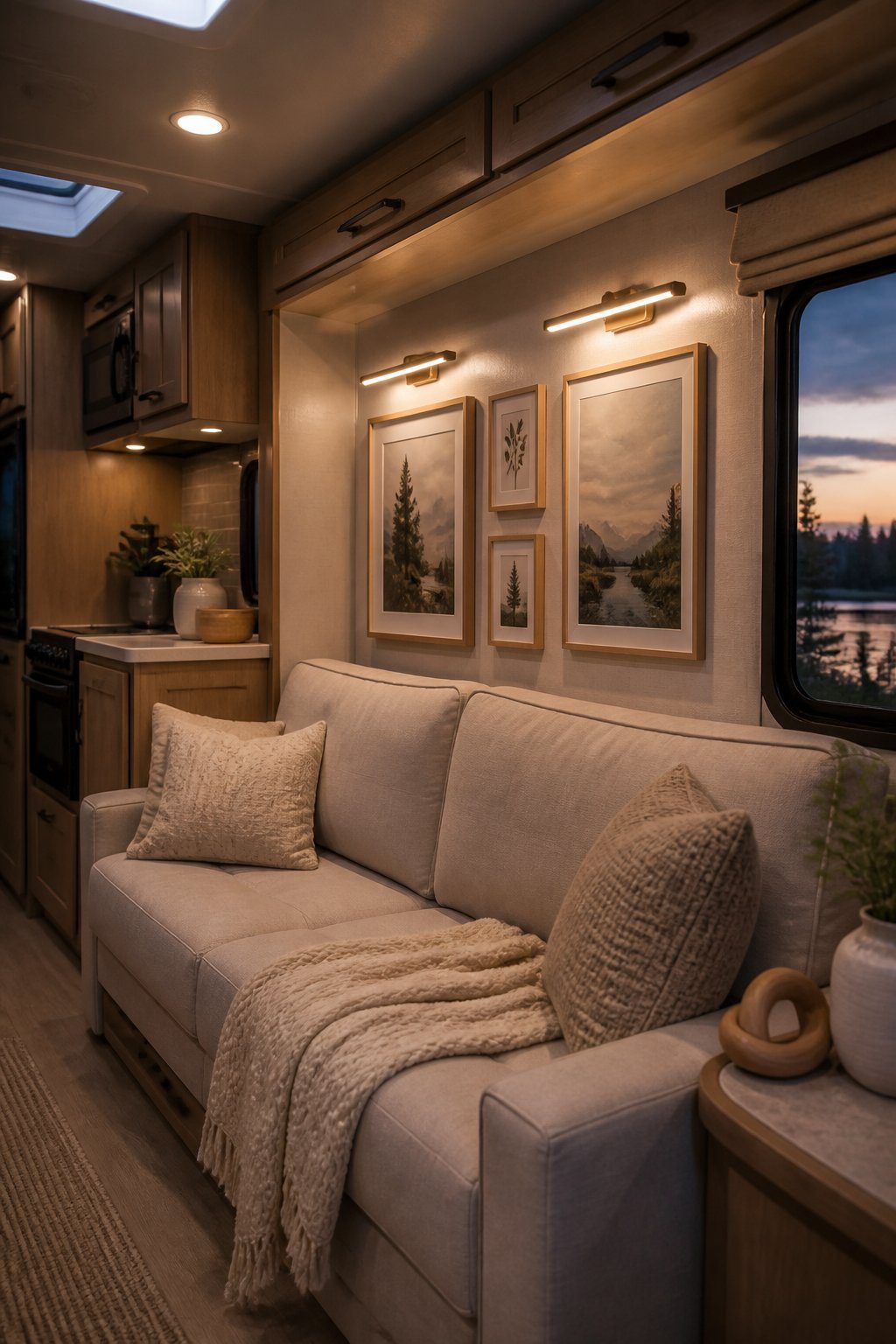A cozy RV living area with battery-operated picture lights illuminating framed artwork.