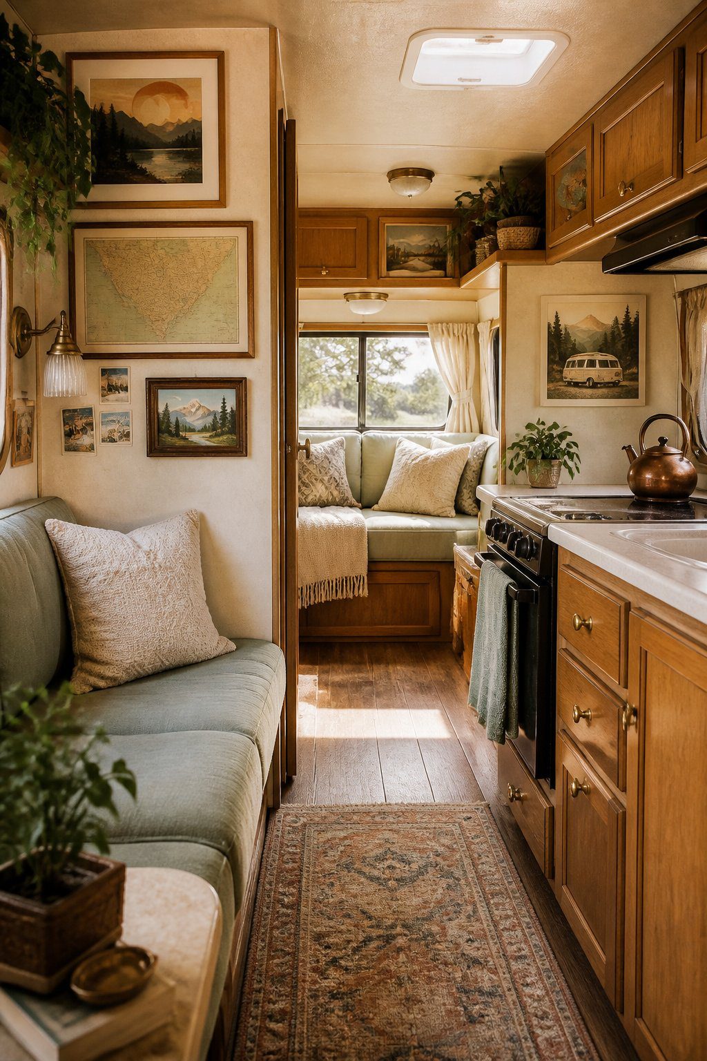 A cozy RV interior decorated with vintage travel artwork, warm wood accents, plants, and comfortable furnishings.