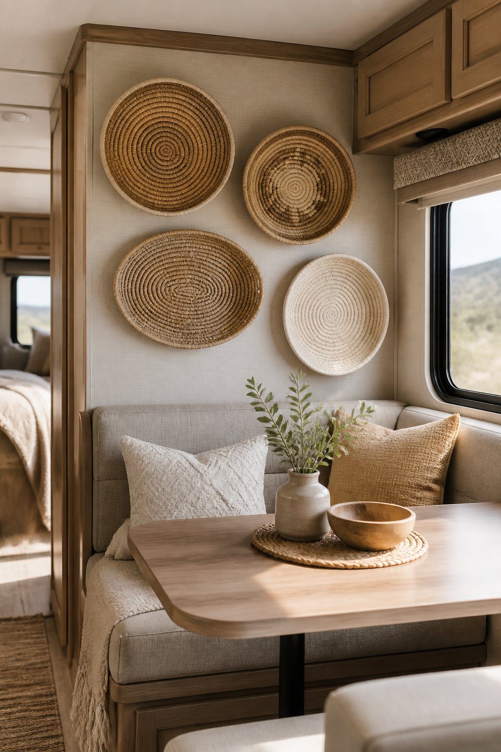 An RV interior with neutral woven baskets arranged on a wall above a small seating area.