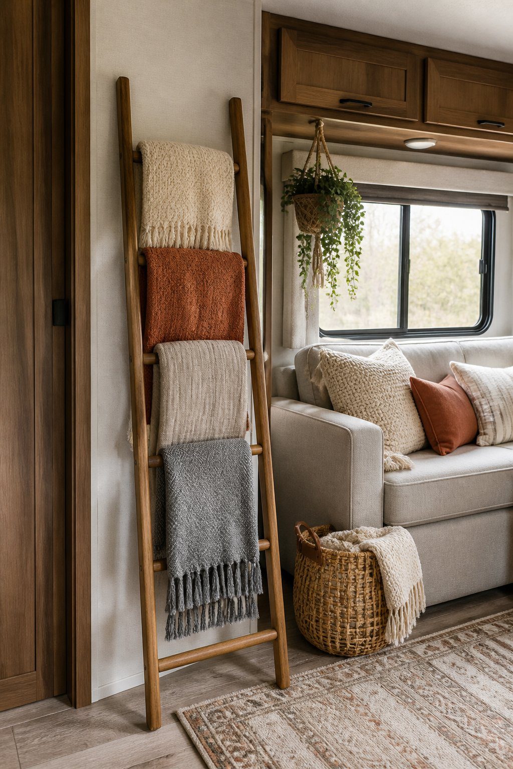 A wooden ladder displays folded blankets beside a cozy seating area inside an RV.