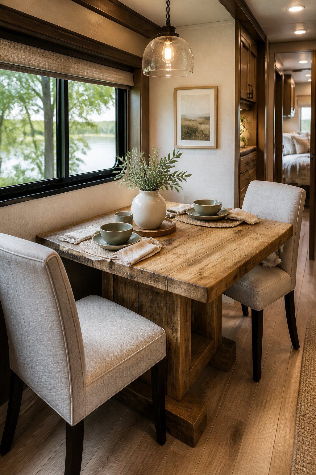 A reclaimed wood dining table with chairs and simple decor inside a cozy RV dining area.