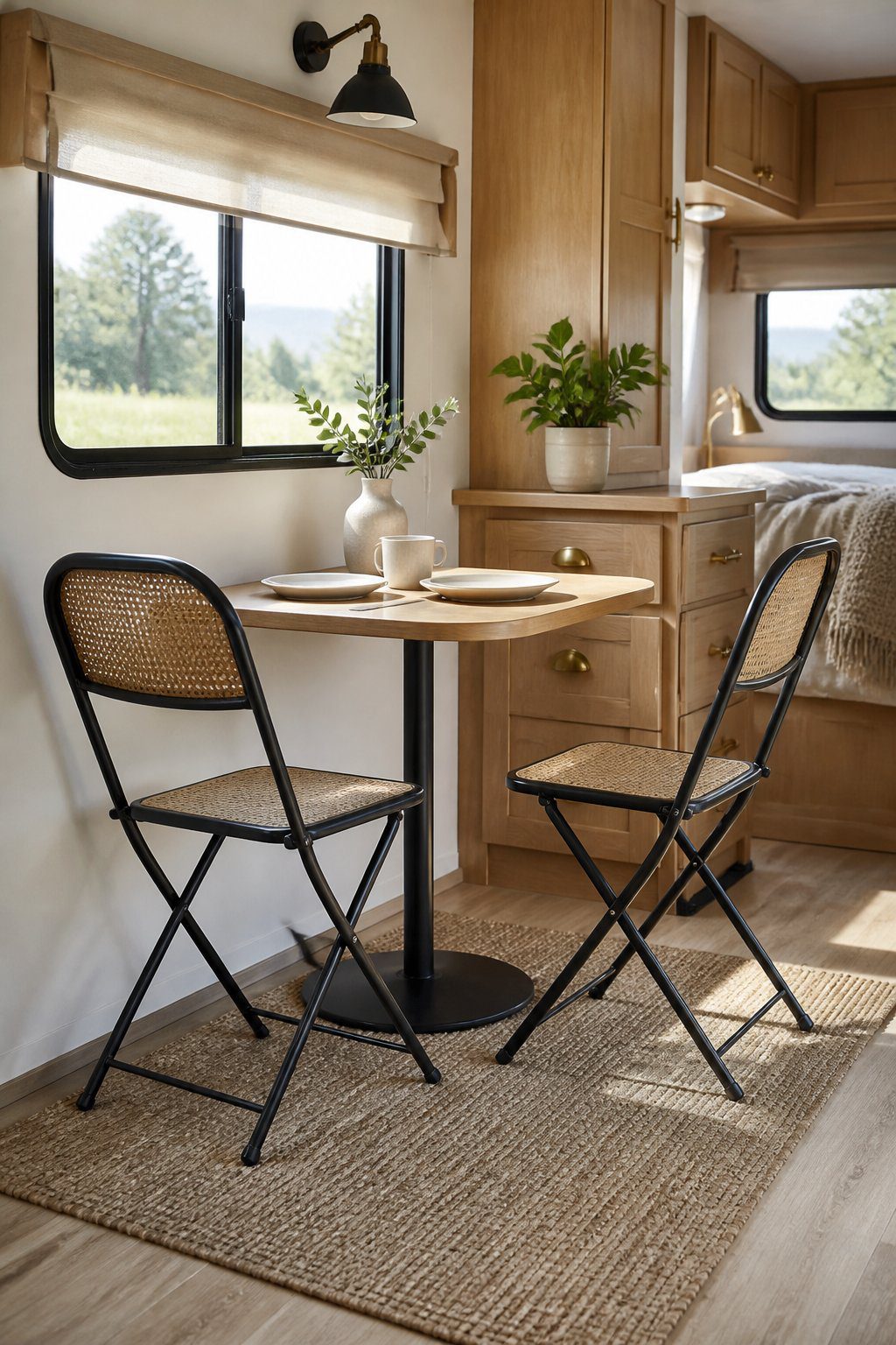 Two folding bistro chairs surround a small table in a bright RV dining area.