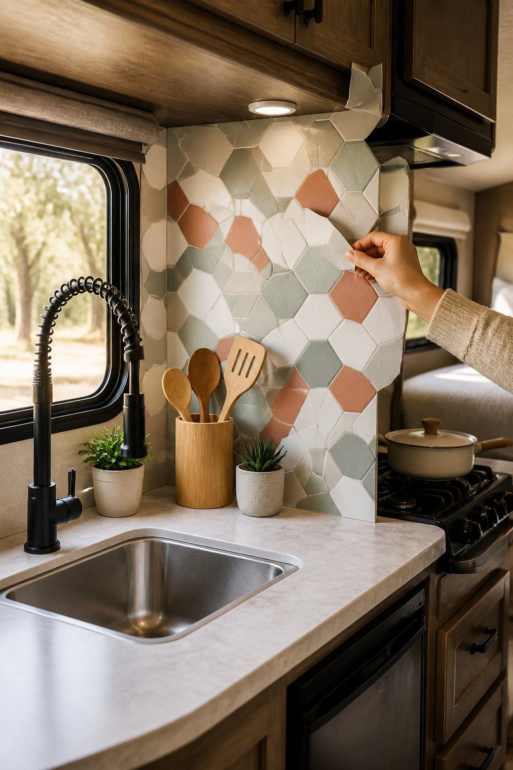 RV kitchenette with a removable geometric tile backsplash being installed behind the counter.