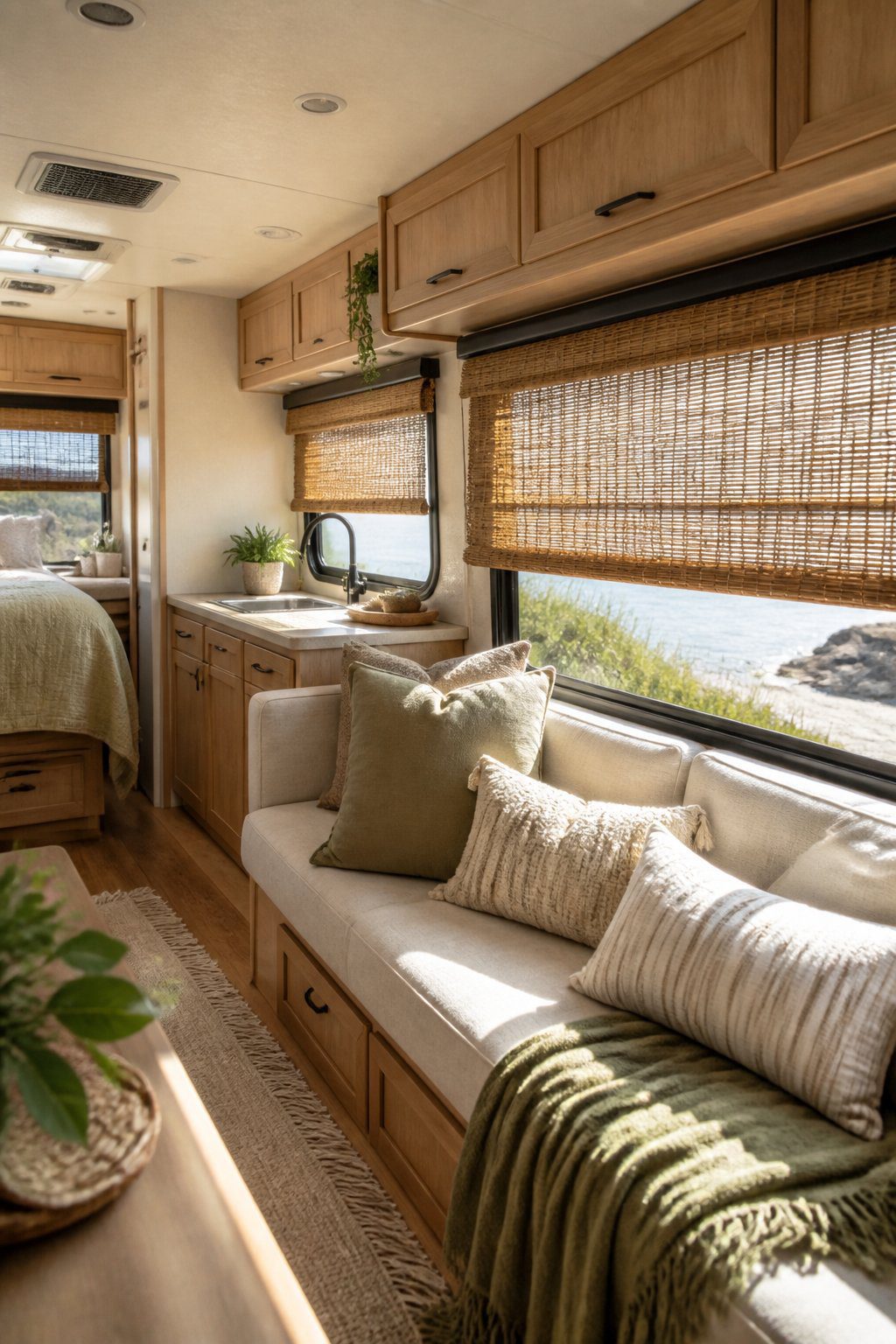 RV interior with woven bamboo shades filtering sunlight over a cozy seating area.