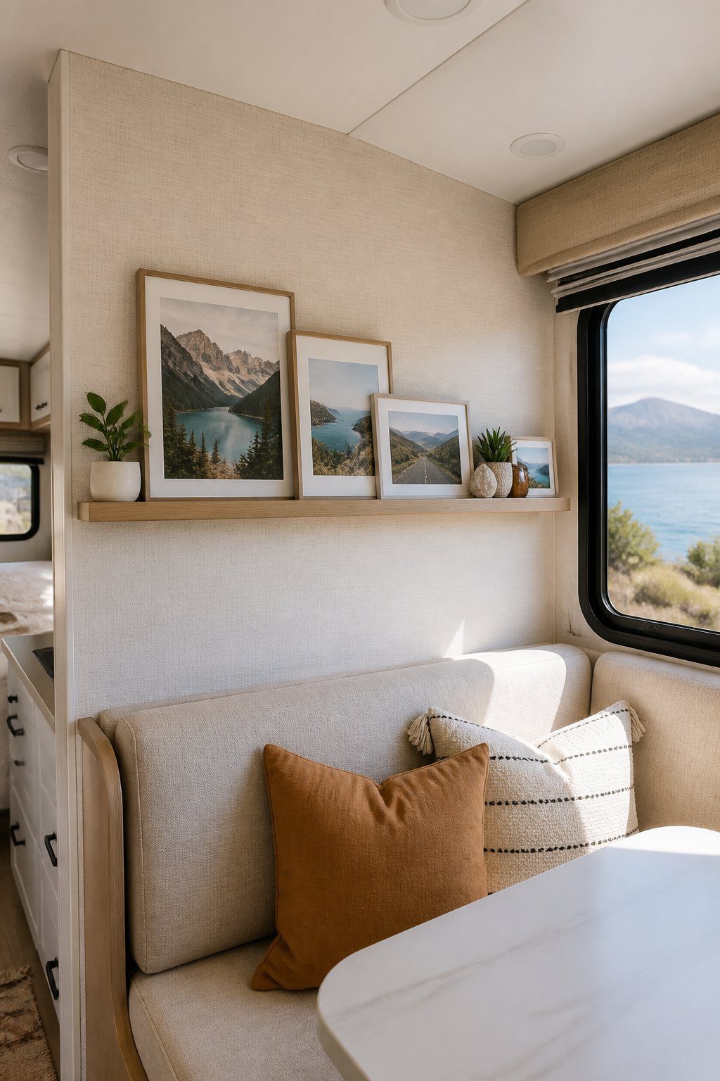 A compact RV interior with a slim ledge displaying framed travel photographs above a seating area.
