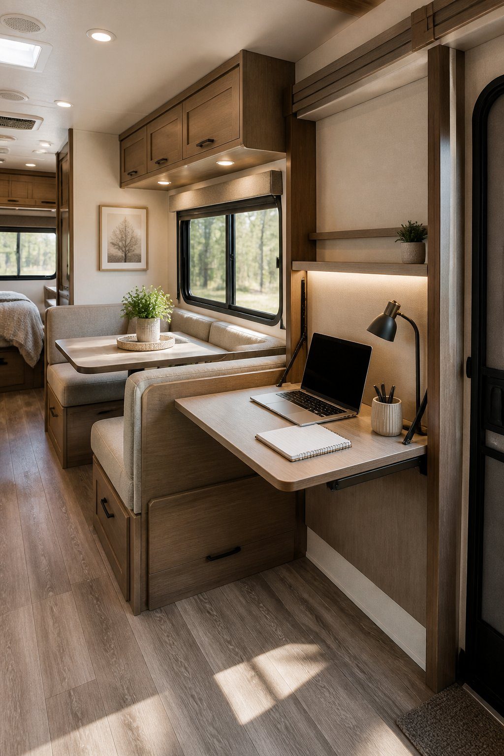 An RV dinette with a fold-down wall desk installed behind it.