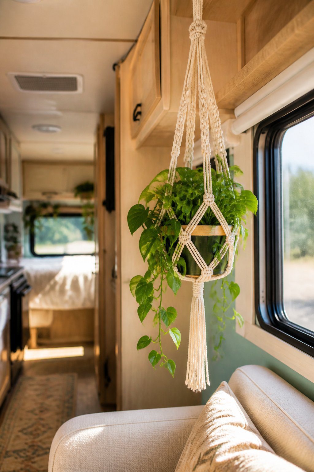 A macramé plant holder with a green trailing plant hangs beside a sunny window in a cozy RV interior.