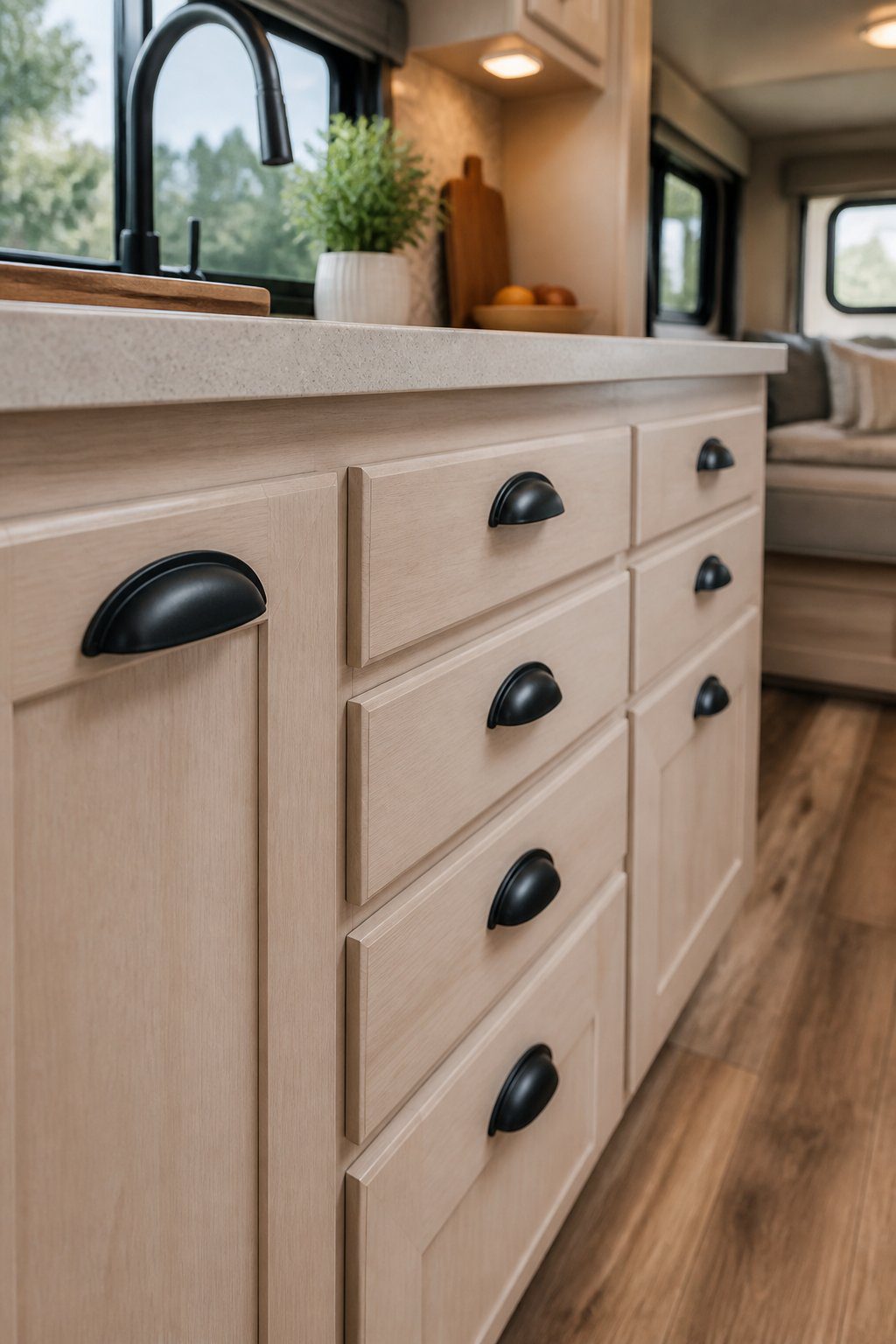 RV kitchen cabinets with matte-black cup pulls.