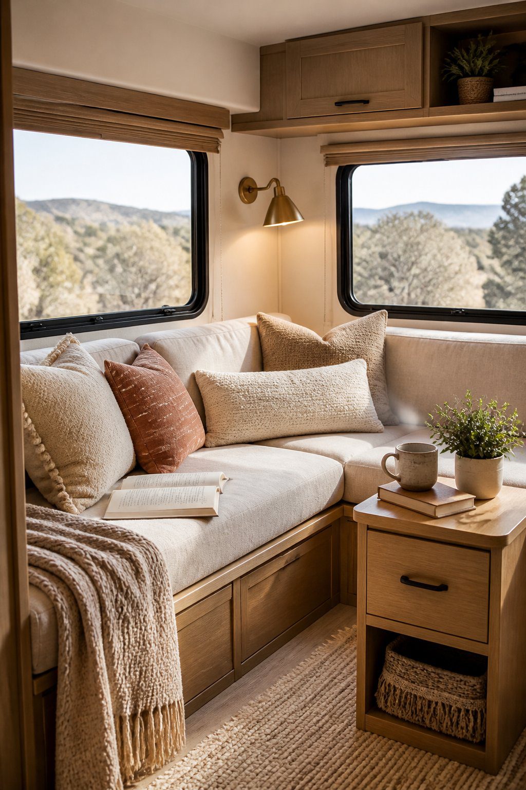 A cozy reading nook with a cushioned corner bench, pillows, books, a lamp, and a small table inside an RV.
