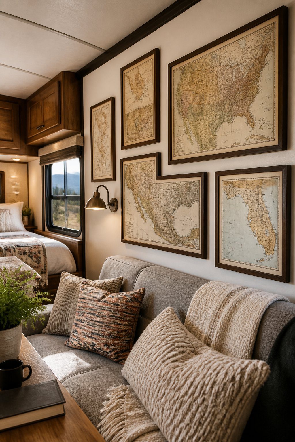 A cozy RV living area with vintage road maps arranged in frames on the wall.