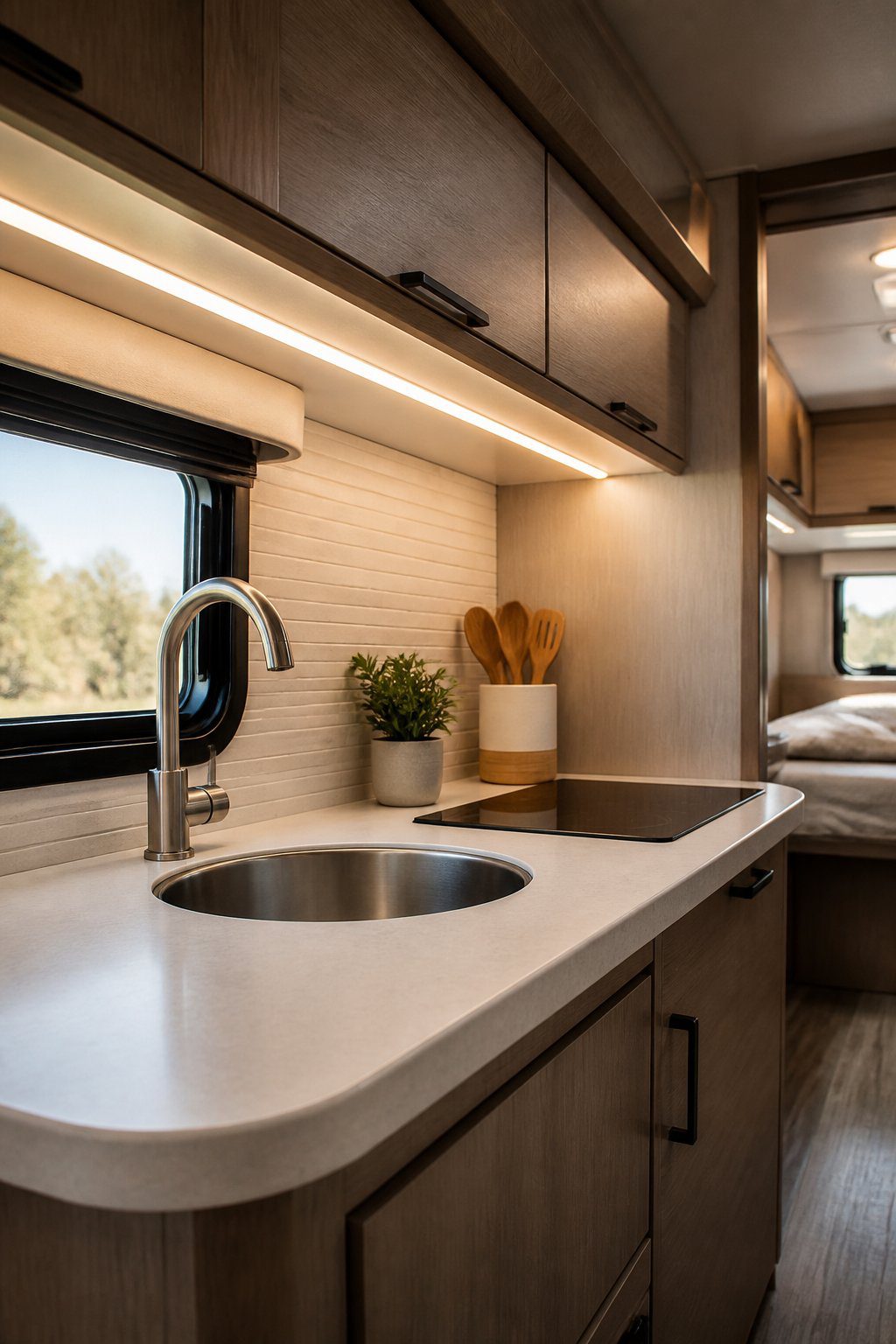 An RV kitchen with warm LED strip lighting installed beneath the overhead cabinets.