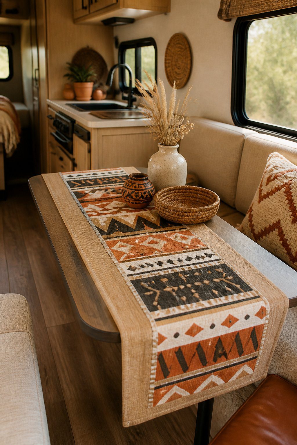 A Southwestern-inspired patterned runner decorates a small RV dining area with pottery and dried grasses.