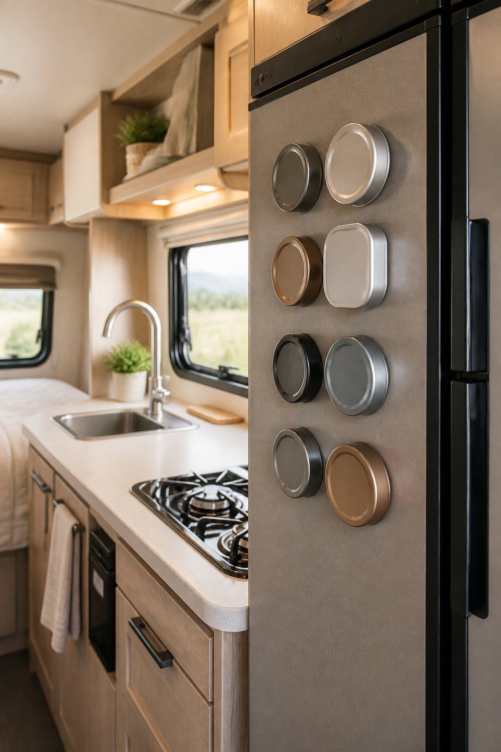 A compact RV kitchen with magnetic spice tins arranged on the side of the refrigerator.