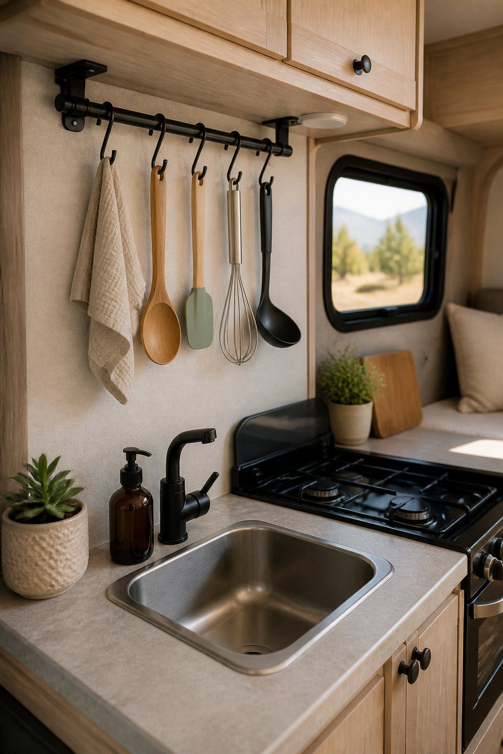 A compact RV kitchen with a mounted rail holding several lightweight utensils beneath a cabinet.
