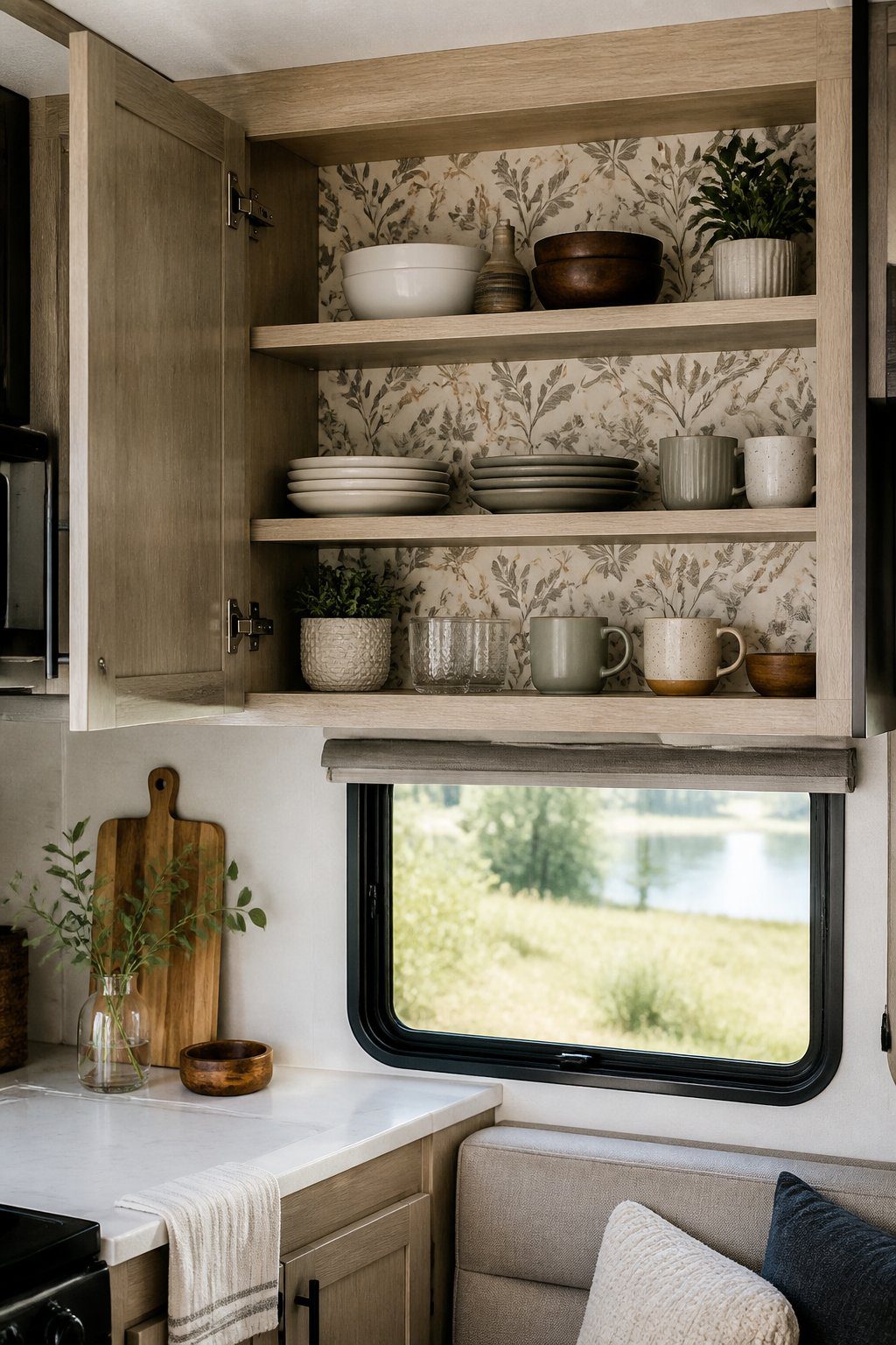 An open RV cabinet with patterned removable wallpaper on its back panel and neatly arranged kitchen items.