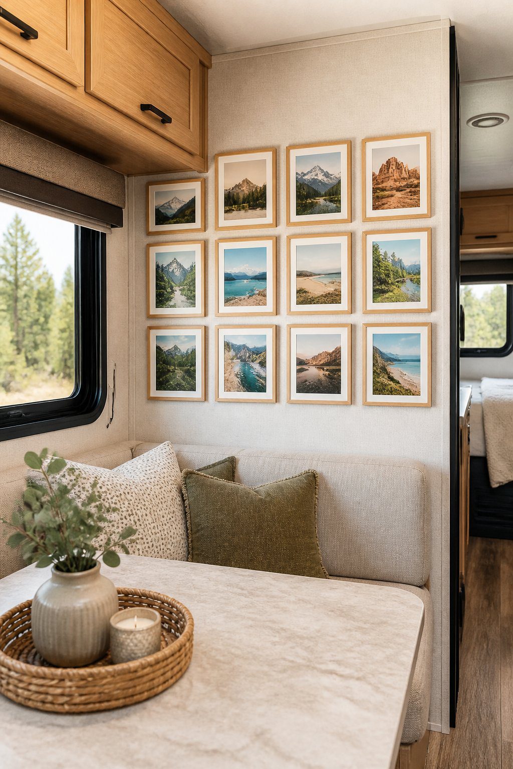 A compact RV living area with a gallery wall displaying framed landscape pictures.