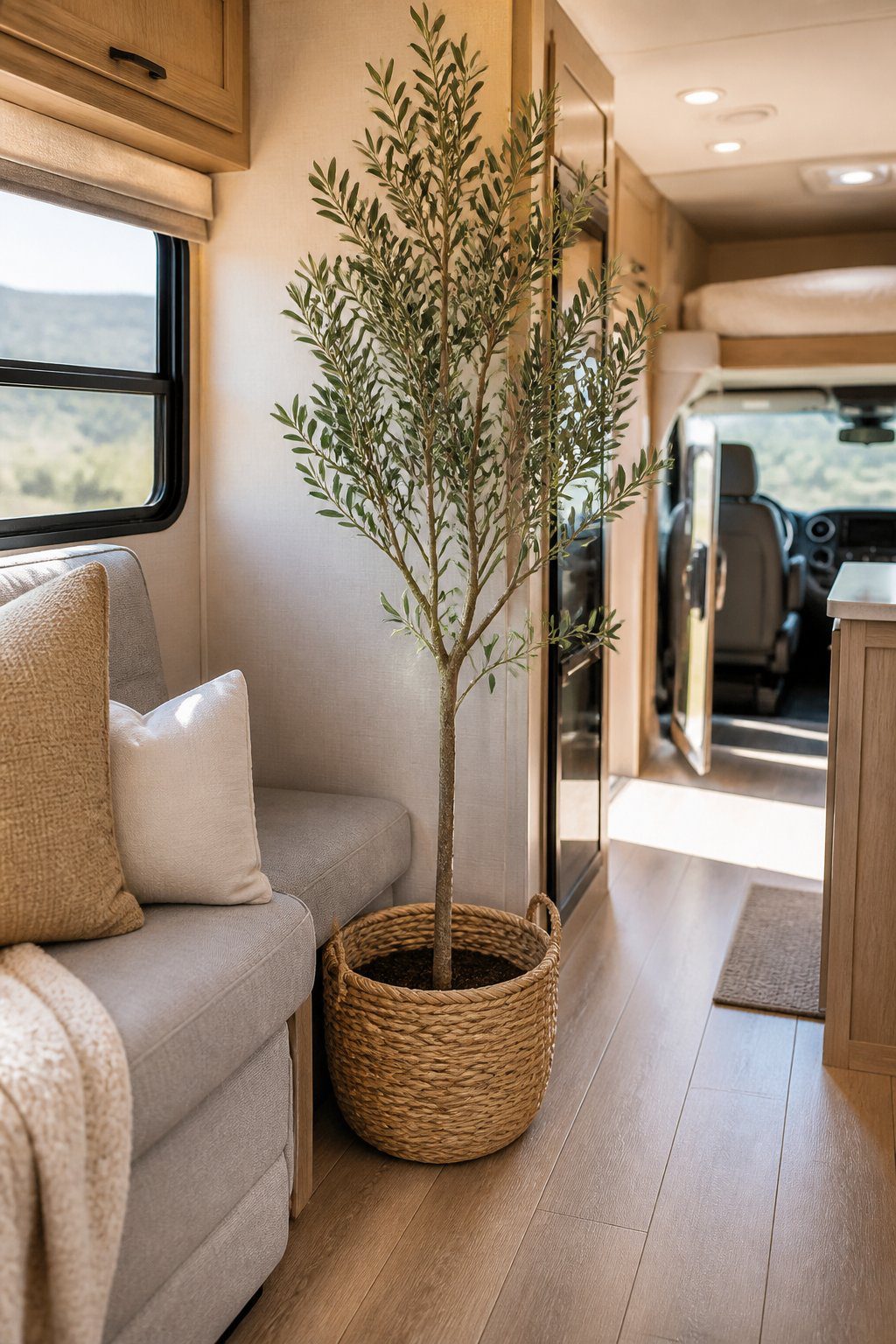 A faux olive tree in a woven basket decorates a bright RV interior.