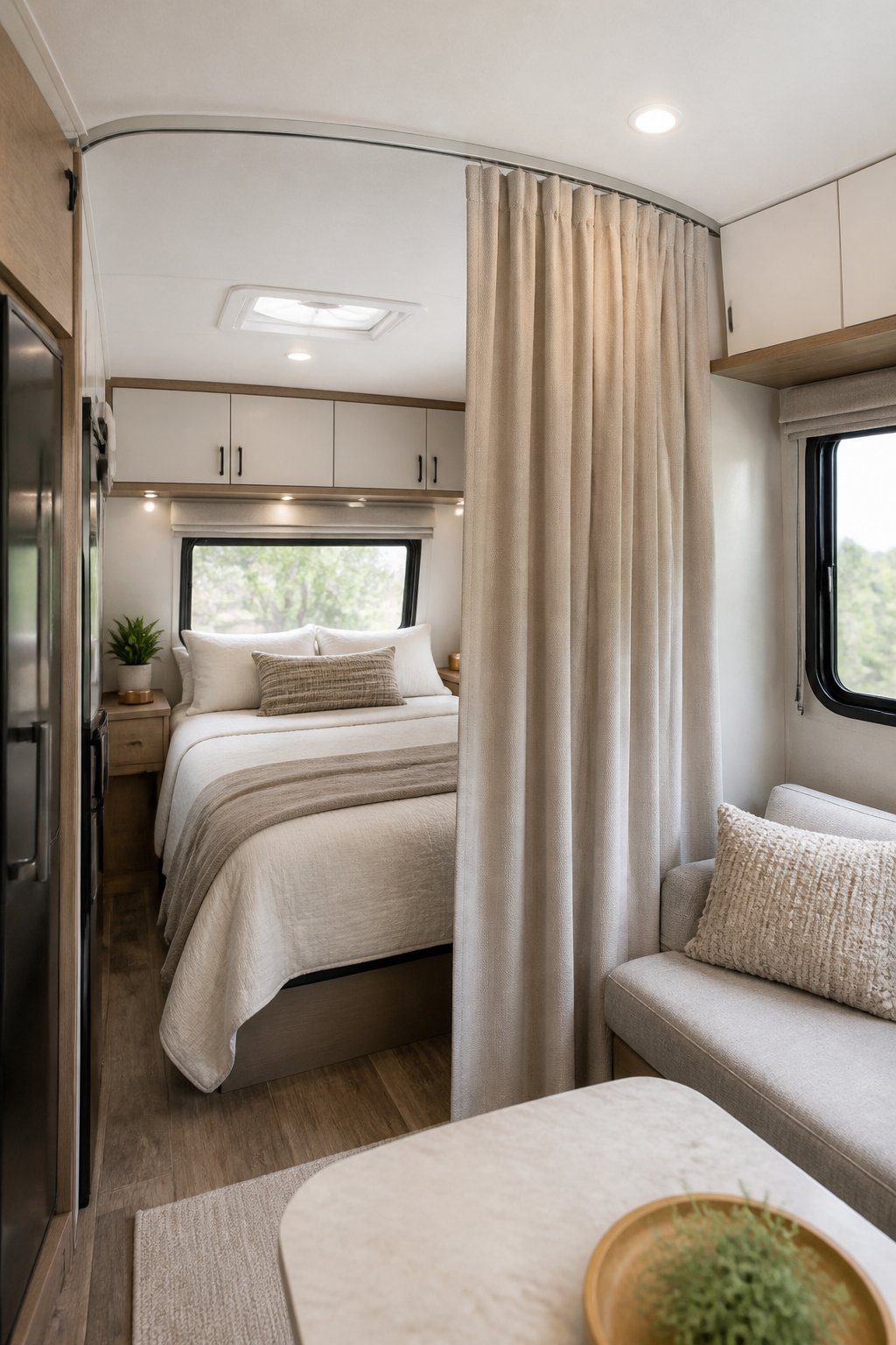 An RV interior with a ceiling-mounted curtain dividing the sleeping area from the living space.
