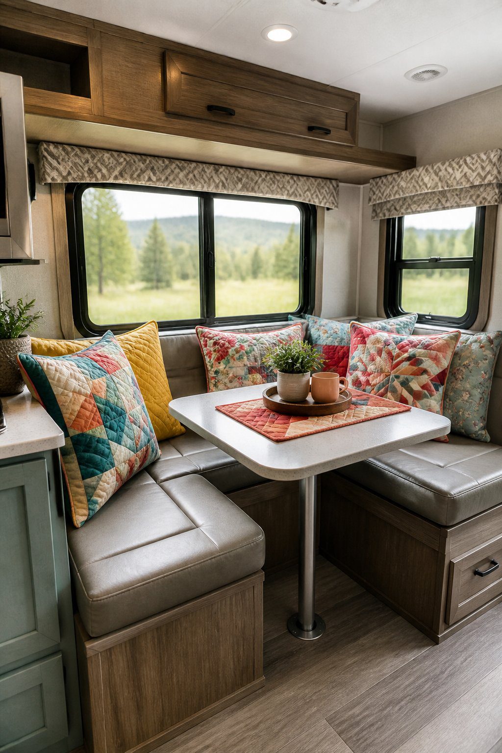 A cozy RV dinette with colorful quilted pillows arranged on the bench seating.
