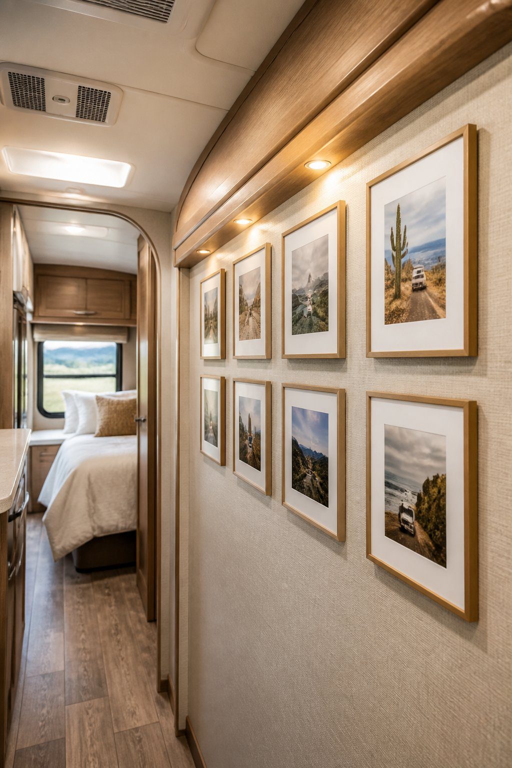 A narrow RV hallway displaying a neat row of framed photographs on one wall.