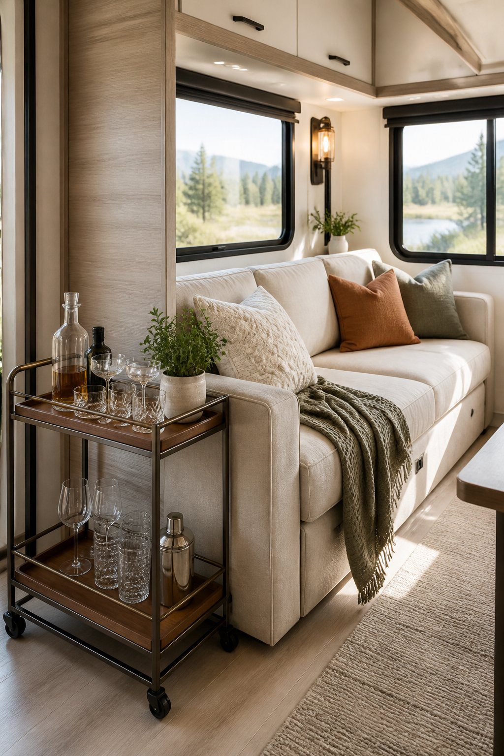 A compact rolling bar cart stands beside a sofa in a bright, neatly decorated RV living area.