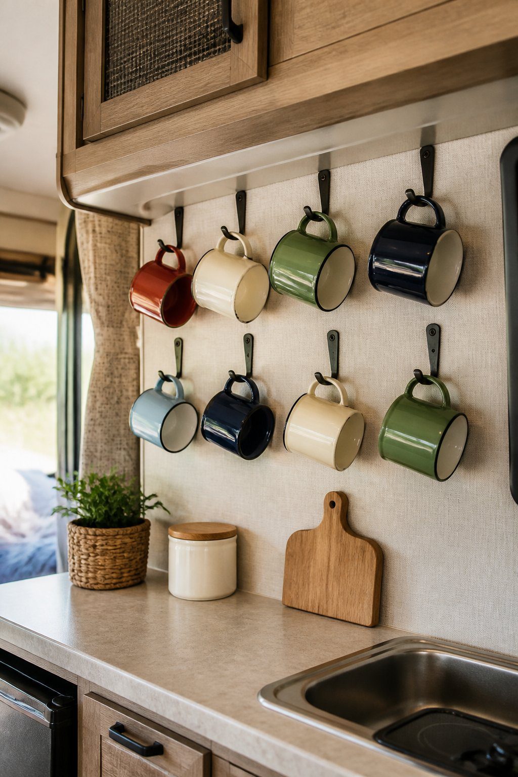 Colorful enamel camping mugs hang from open hooks in a compact RV kitchenette.