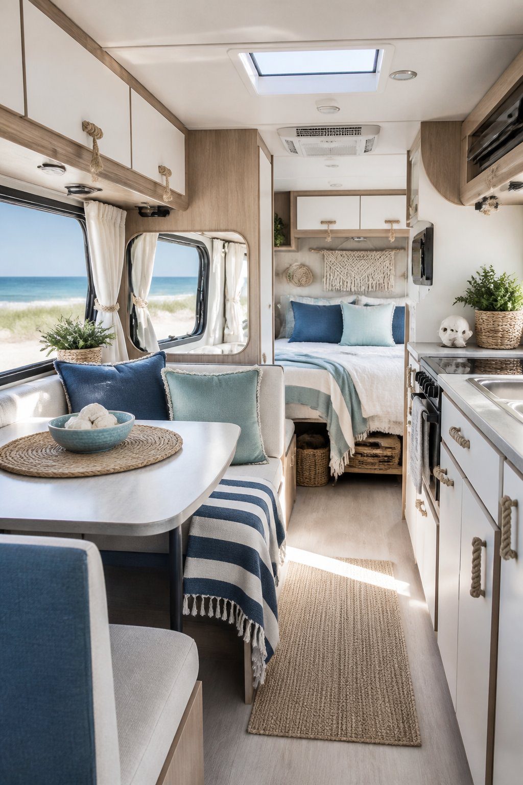 Coastal-themed RV interior with blue textiles, rope accents, light wood cabinetry, and bright natural light.