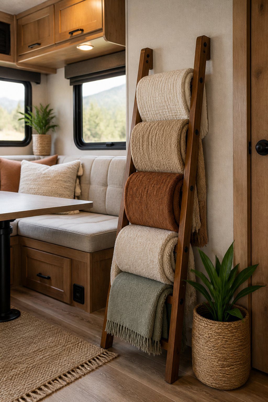 A foldable ladder holds neatly draped blankets beside a cozy seating area inside an RV.