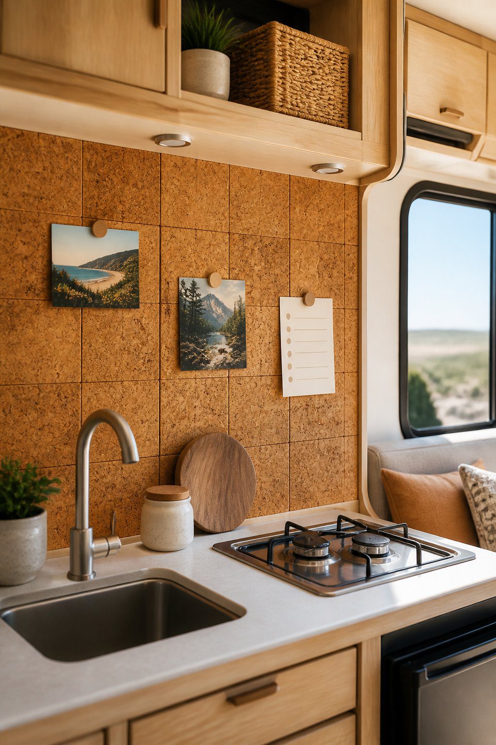 An RV kitchenette with a natural cork tile backsplash above the counter, decorated with a few pinned images.