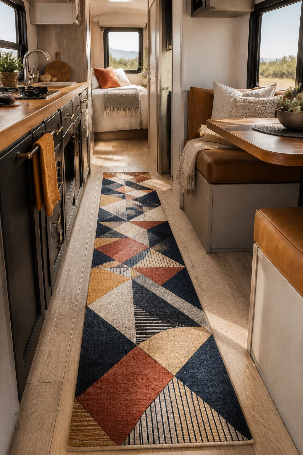 A geometric patterned runner rug stretches through the aisle of a bright, modern RV interior.