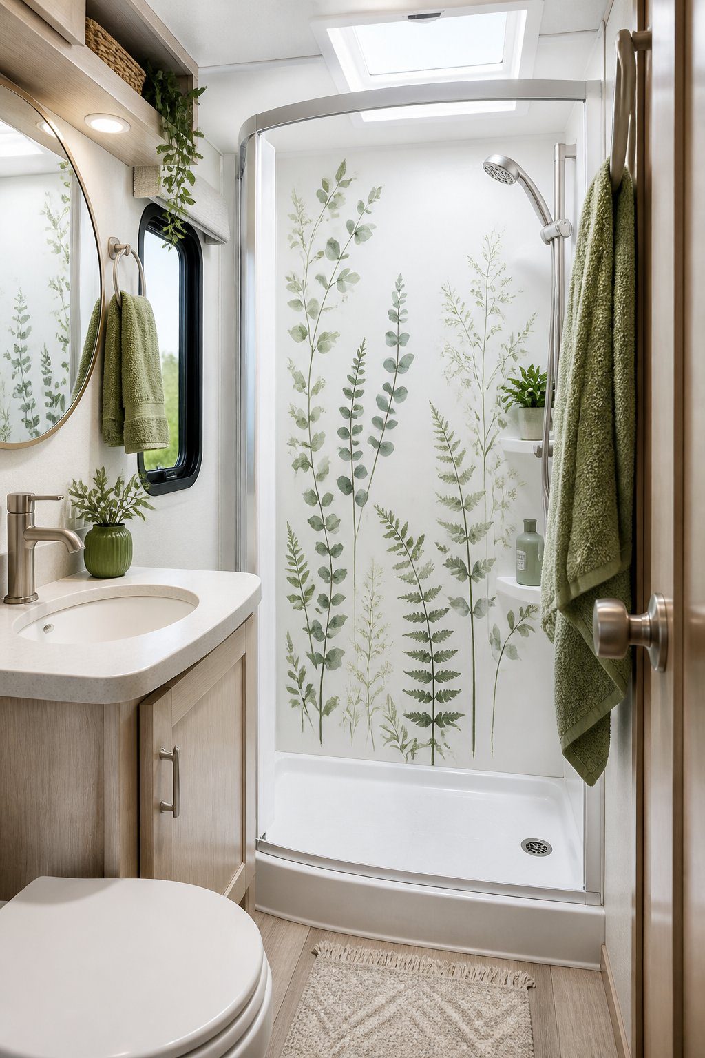 A compact RV bathroom with green botanical decals arranged on the shower wall.
