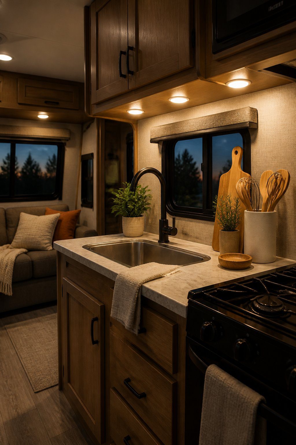 A cozy RV kitchenette illuminated by warm under-cabinet puck lights.