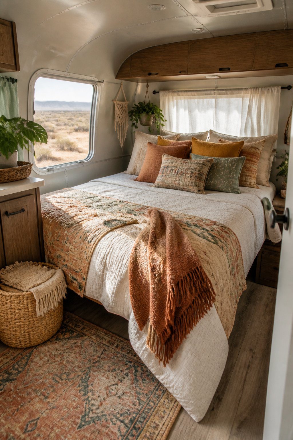 A cozy RV sleeping area with a bed layered with colorful blankets and pillows.