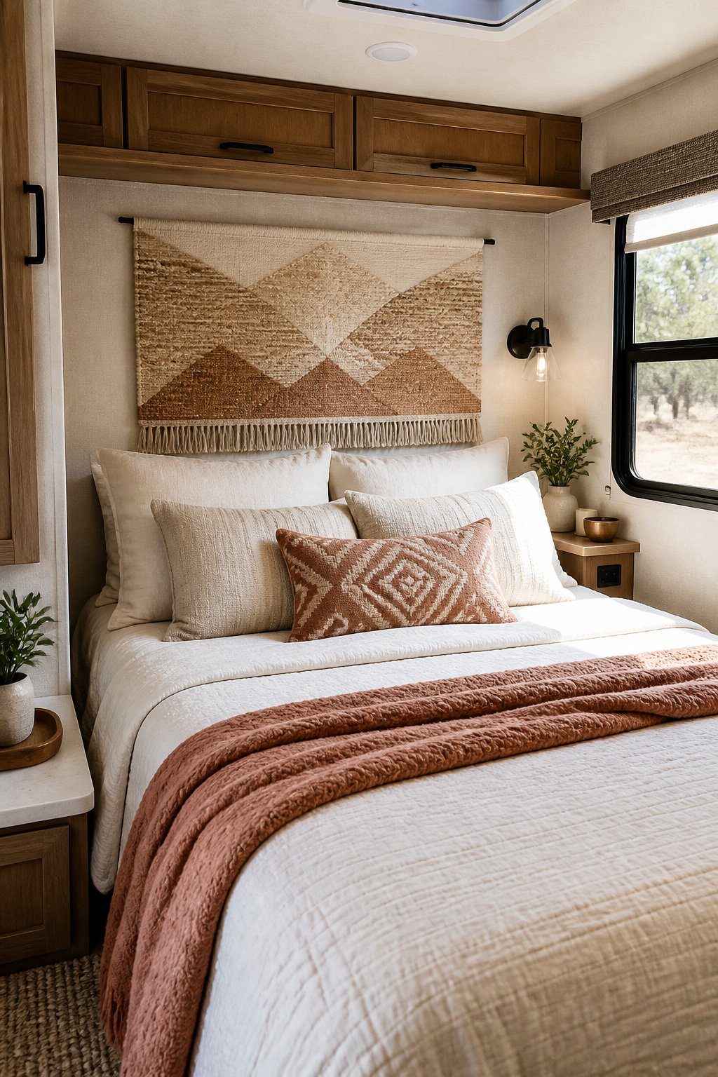 A cozy RV bedroom with a patterned tapestry hanging behind a neatly made bed.