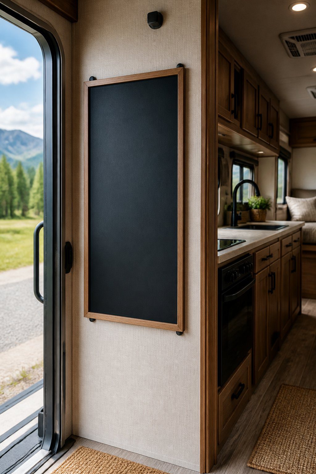 An RV entryway with a blank removable chalkboard panel mounted beside the door.