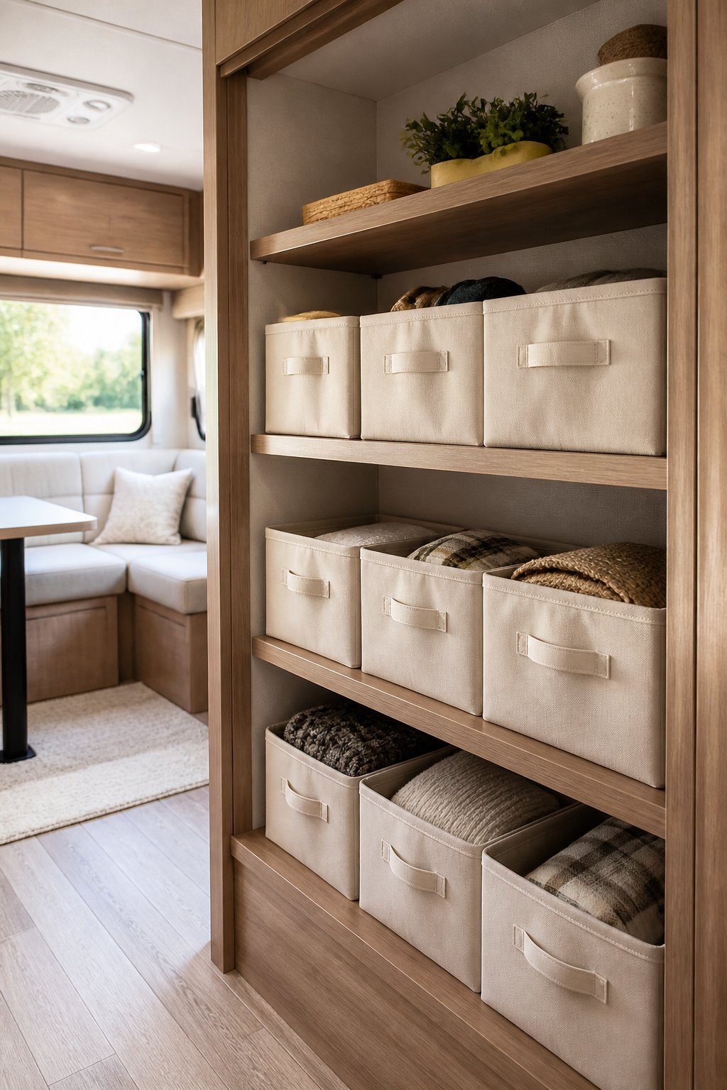 Matching canvas storage bins neatly arranged on open shelves inside an RV.