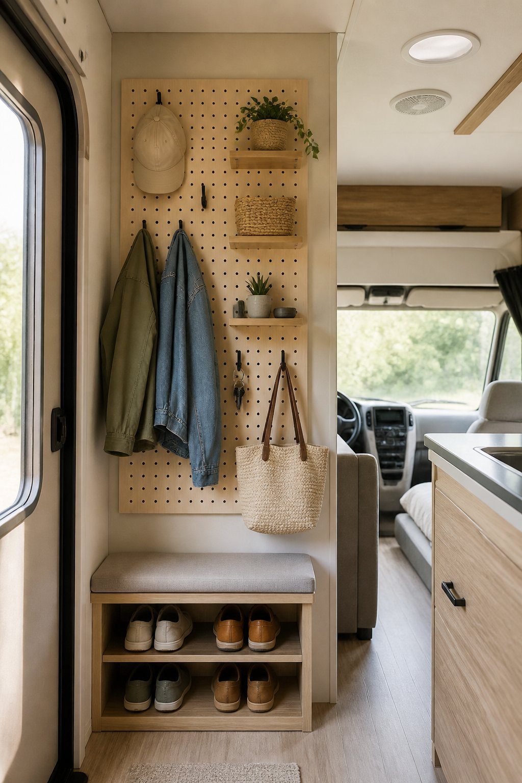 Organized RV entryway with a slim pegboard holding storage hooks and accessories above a small bench.