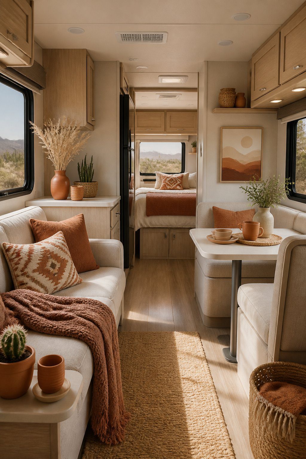 A cozy RV interior decorated with terracotta accents, woven textiles, natural wood, pottery, and desert plants.