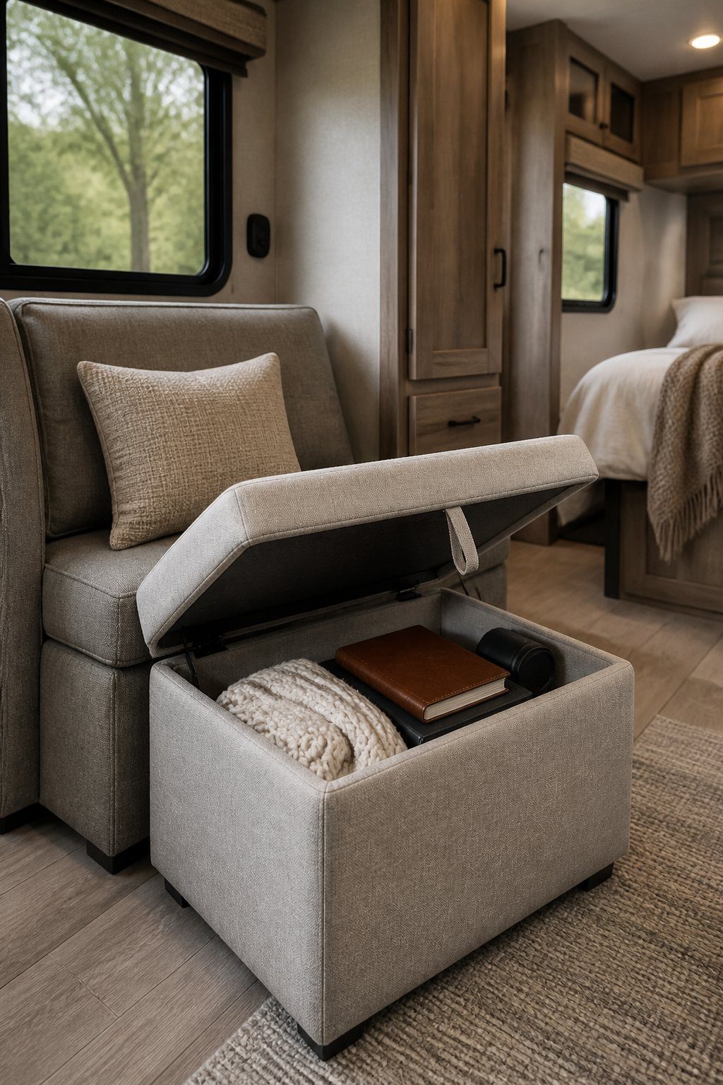 A compact upholstered ottoman with hidden storage sits in a neatly decorated RV living area.