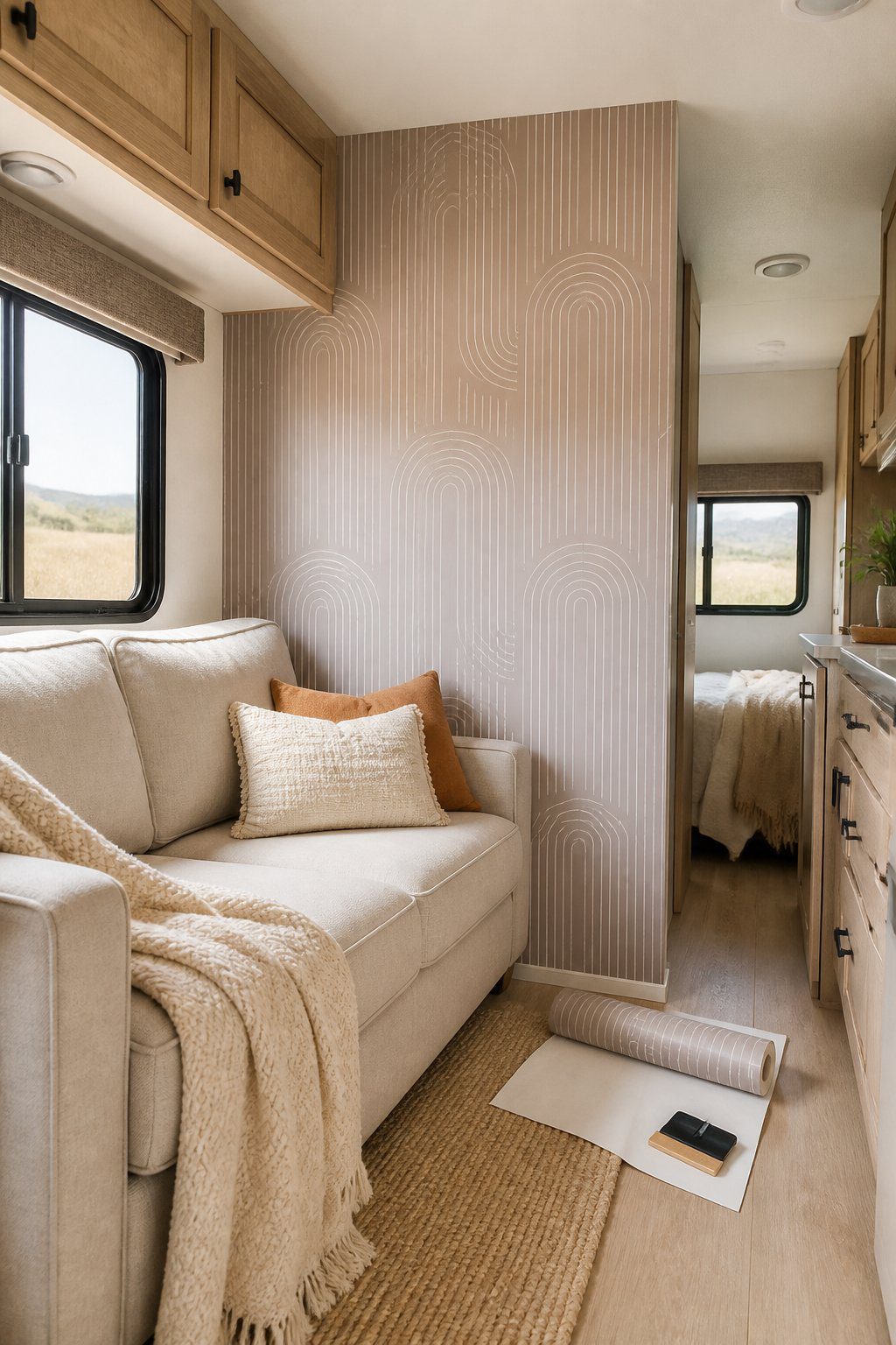 A stylish RV living area with peel-and-stick wallpaper applied to one accent wall.